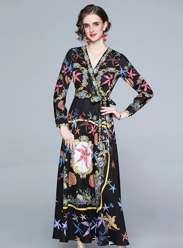 V-NECK LONG SLEEVE RETRO PRINTED WAIST DRESS