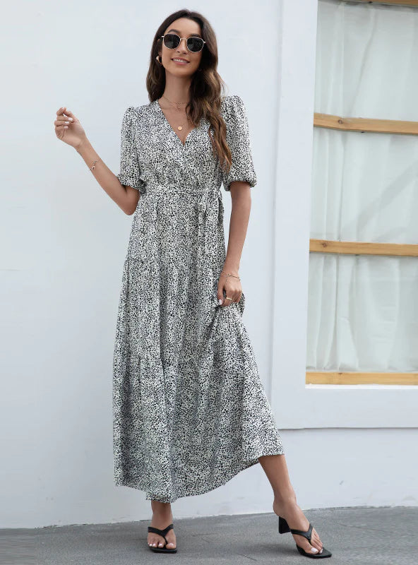 V-NECK PRINTED BUBBLE SLEEVE DRESS