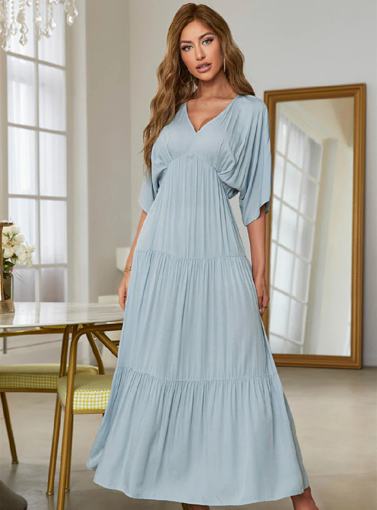 V-NECK SOLID COLOR BAT SLEEVE DRESS