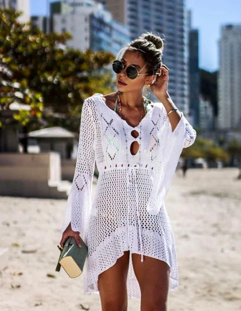 V neck white mesh lace dress women sexy summer beach short dress Causal flare sleeve dress