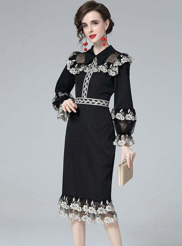 WAIST RETRO LANTERN SLEEVE LACE DRESS