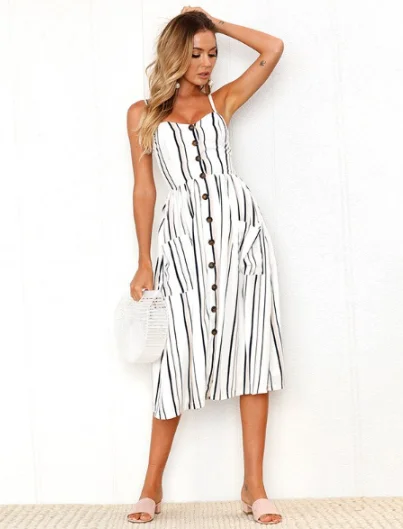 WHite Button Backless Striped Women Dress Boho Sexy Floral Female Dress