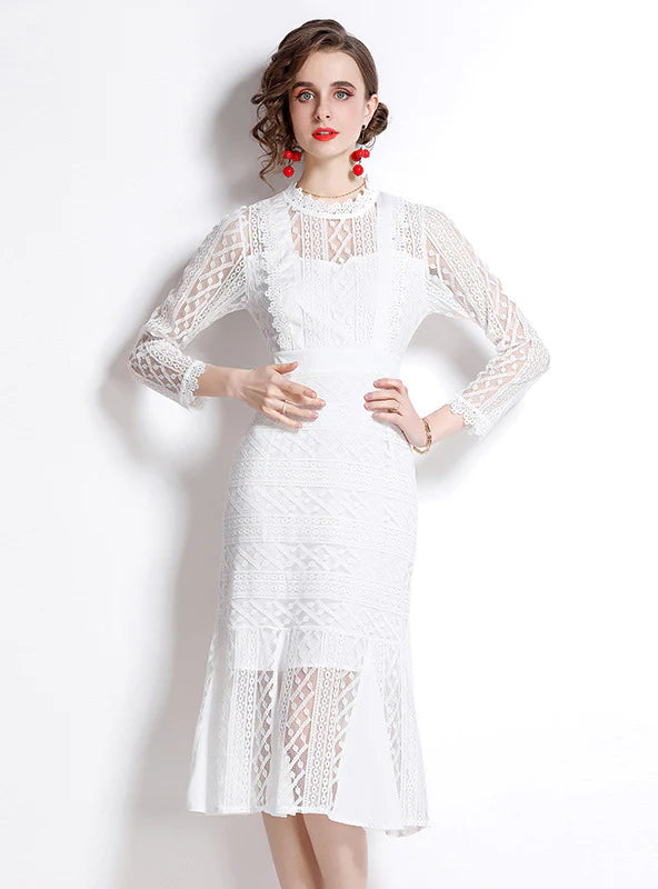 WHITE LACE CROCHET FISHTAIL DRESS