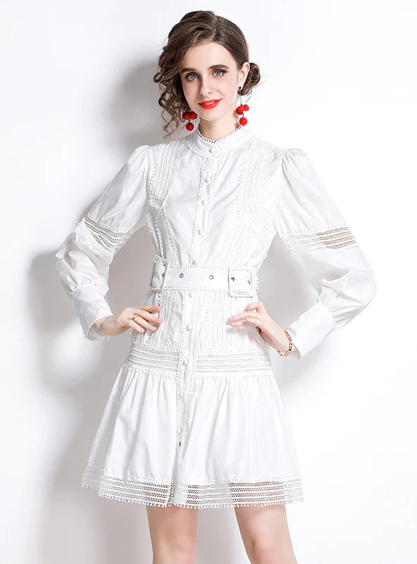 WHITE LACE STITCHING LANTERN SLEEVE DRESS