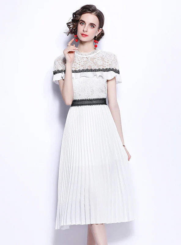 WHITE LACE WAIST SLIM PLEATS DRESS