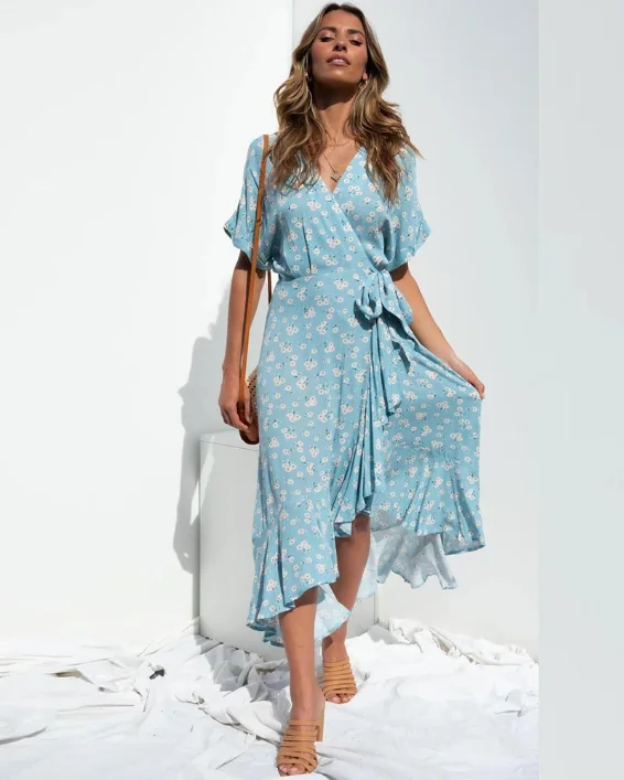 Women Casual Ruffle Wrap A-line Midi Dress Robe Holiday Elegant Dresses