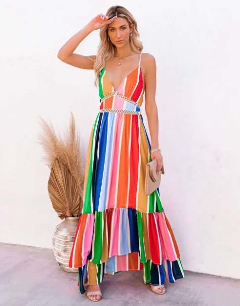 Women Colorful Striped Print Boho Long Dress Casual V-Neck Spliced Sexy Party Dress