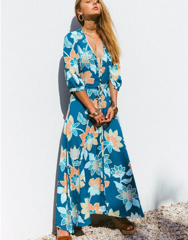 Women Floral Print Boho Long Chiffon Dress Wrap Casual V-Neck Split Sexy Party Dress