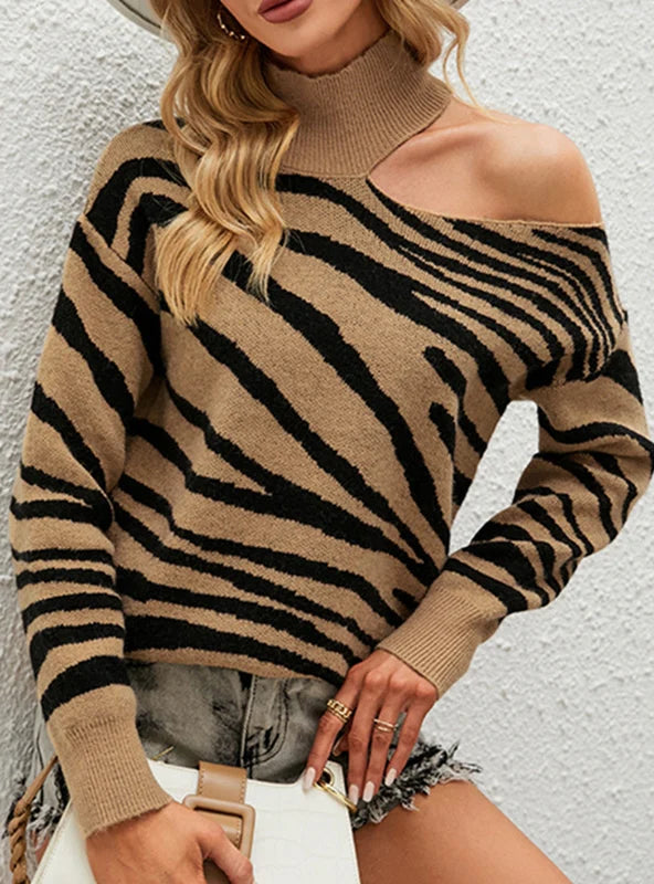 WOMEN HIGH NECK PULLOVER TIGER SWEATER