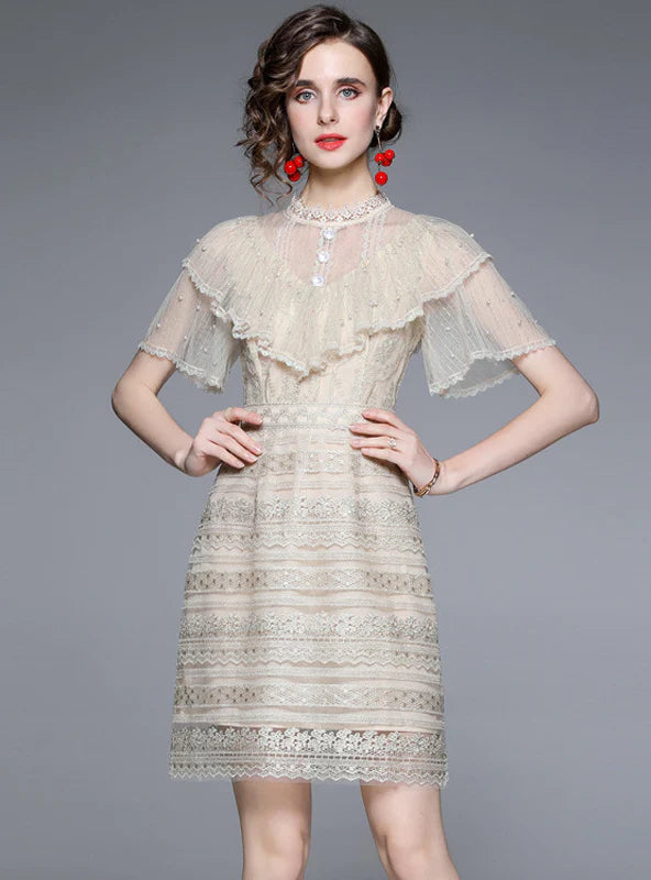 WOMEN LACE RUFFLED WAIST DRESS