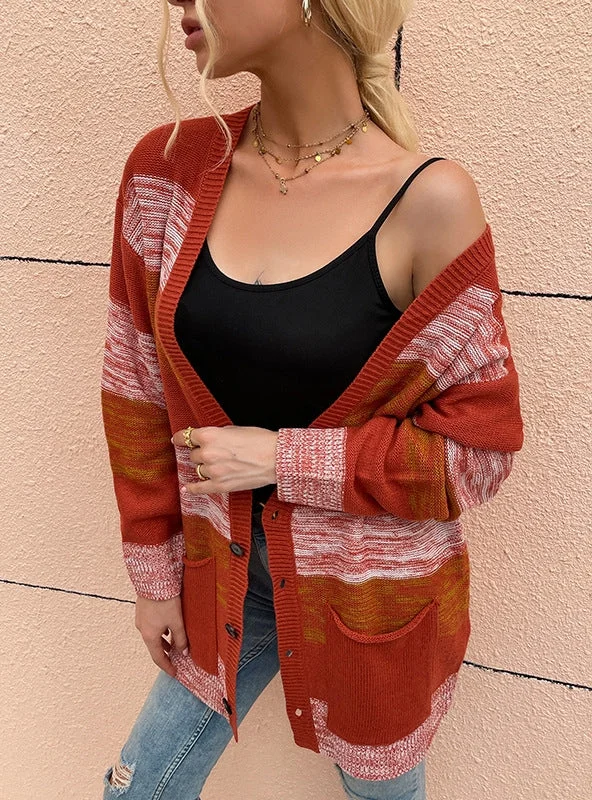 WOMEN STRIPED BUTTON SWEATER COAT