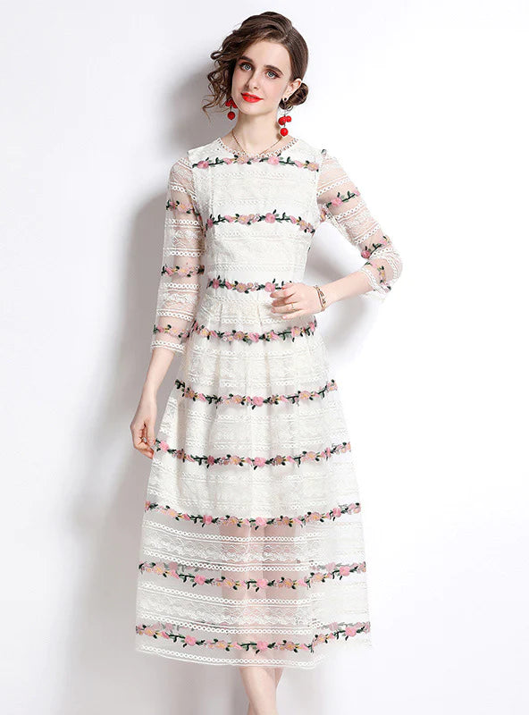 YARN LACE EMBROIDERY LONG SLEEVE DRESS