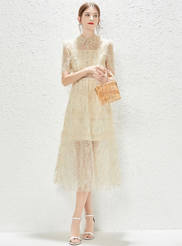 YELLOW SHORT SLEEVE LACE DRESS