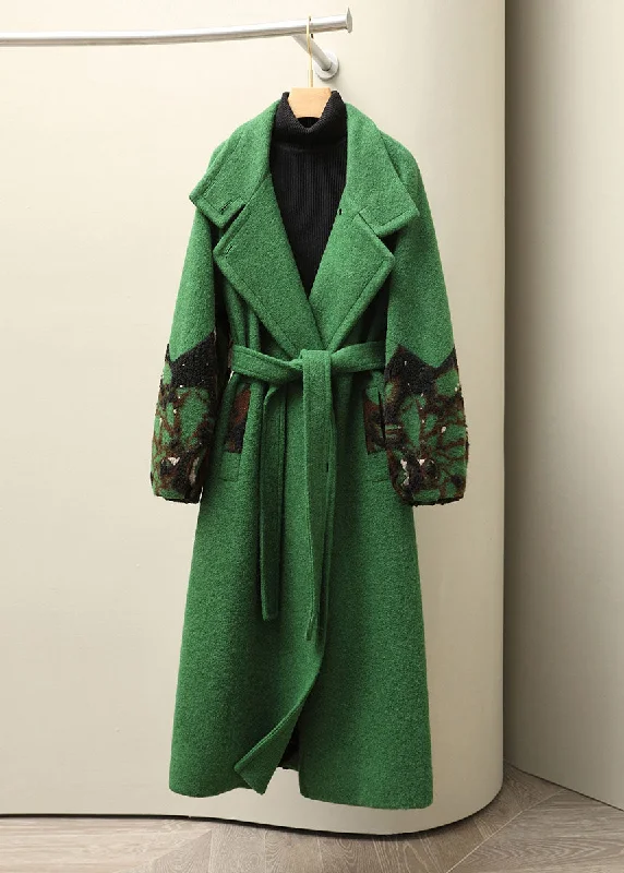 Jacquard Green Notched Tie Waist Woolen Long Coats Fall