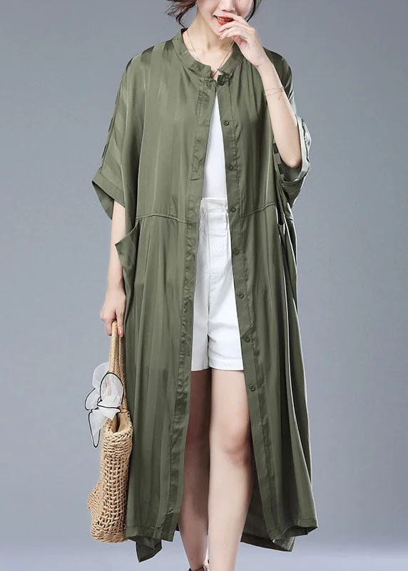 Loose Army Green Striped Pockets Patchwork Long Trench Coat Summer