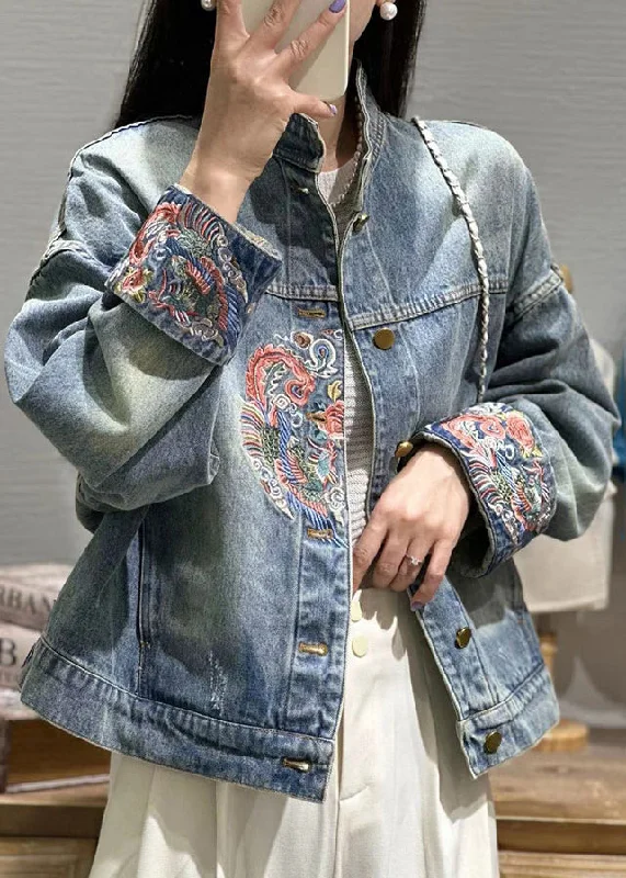 Loose Blue Embroideried Button Patchwork Denim Coat Fall