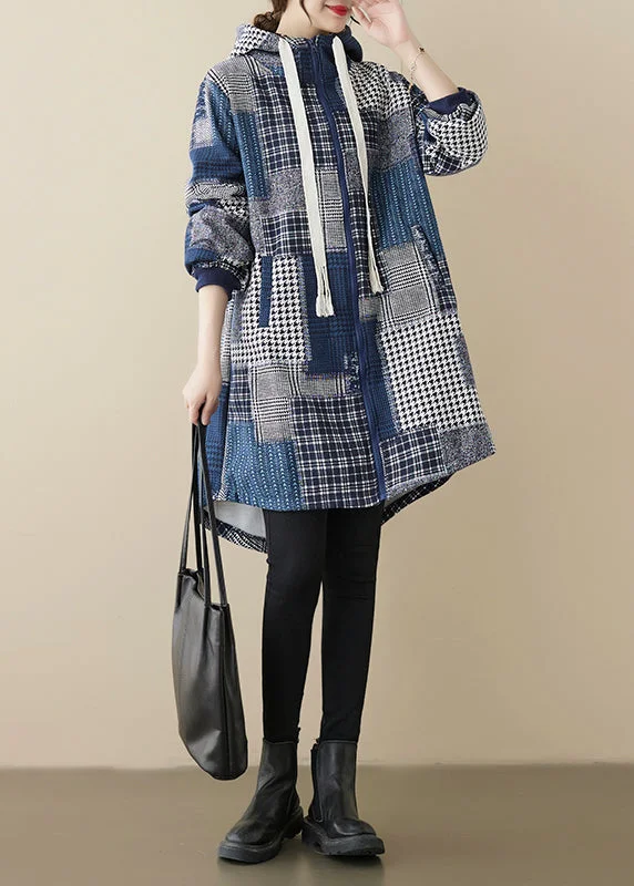 Loose Blue Zip Up Plaid Patchwork Warm Fleece Hooded Coat Spring