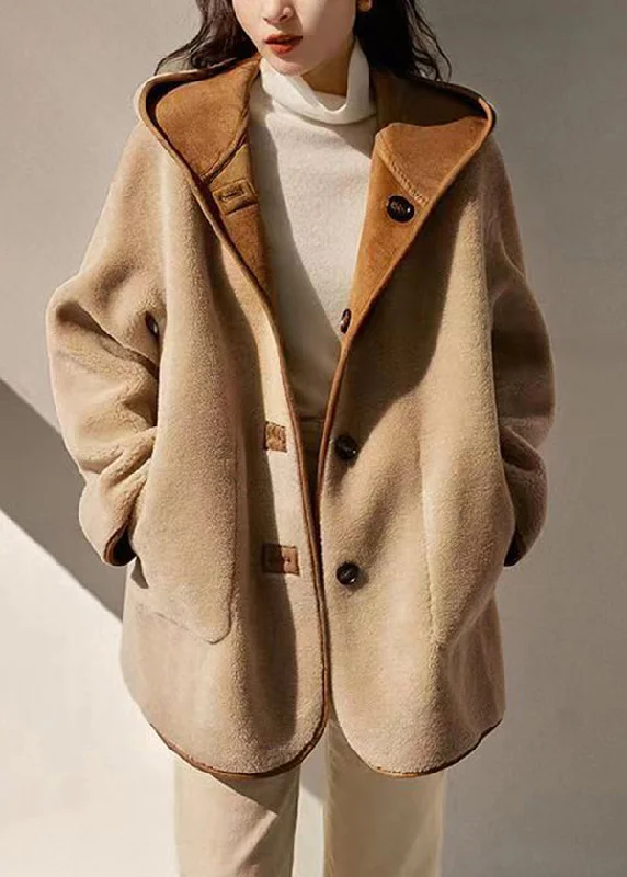 Loose Camel Hooded Pockets Patchwork Wear On Both Sides Woolen Coats Winter