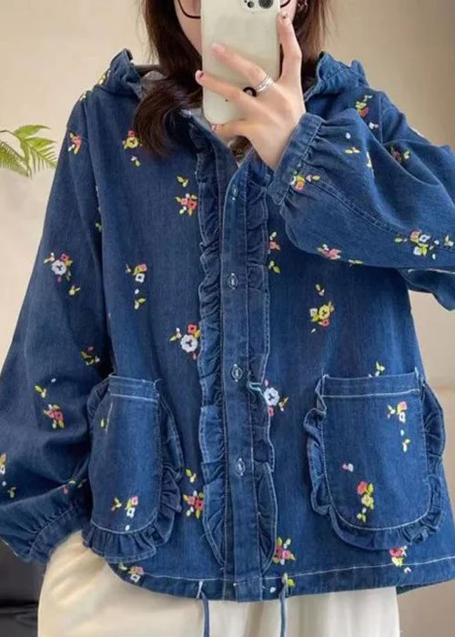 Loose Multi Hooded Ruffled Print Lace Up Denim Coat Spring