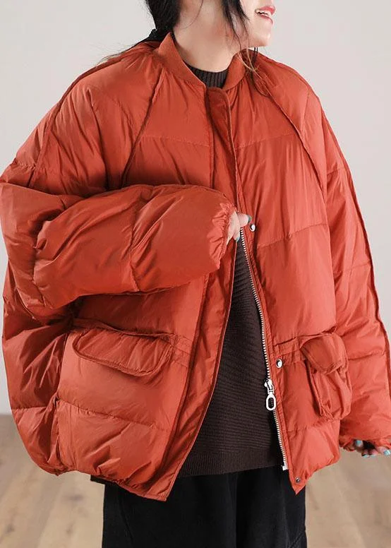 Loose Orange Zip Up Pockets Duck Down Winter Coats Winter