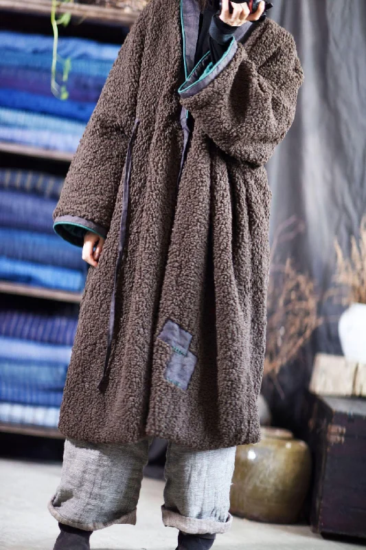 Loose Patchwork Warm Long Coat Female Vintage Winter Trench Coat Ladies Retro Long Topcoat 2020