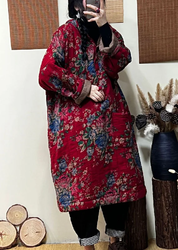 Loose Red Hooded Print Fine Cotton Filled Long Coats Winter