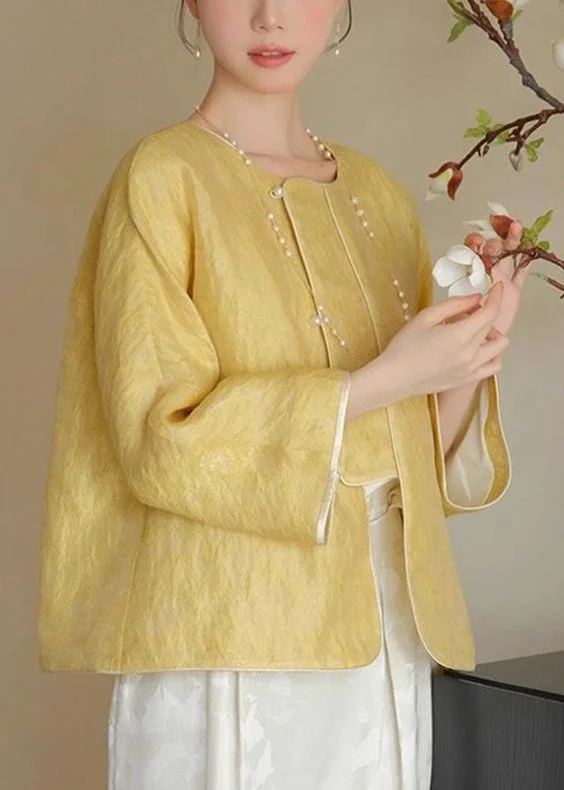 Loose Yellow O-Neck Solid Button Silk Coats Spring