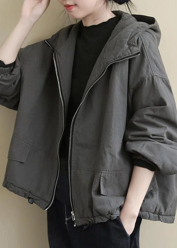 Luxury Grey hooded Loose drawstring Winter Cotton Coats Long sleeve