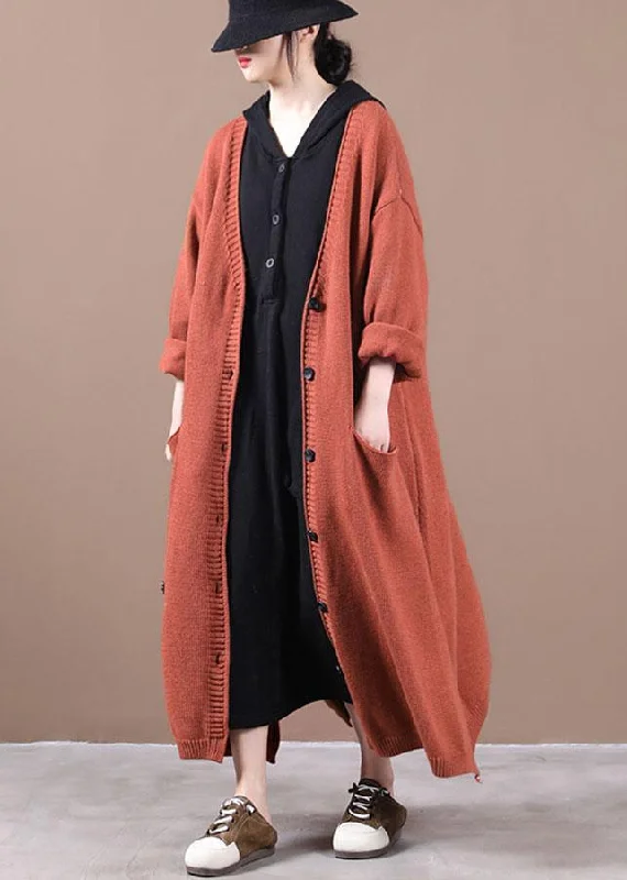 Luxury Orange Red Pockets Fall Long Knit Coat