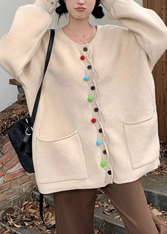 Modern Apricot O-Neck Pockets Button Cotton Knit Sweater Coats Fall