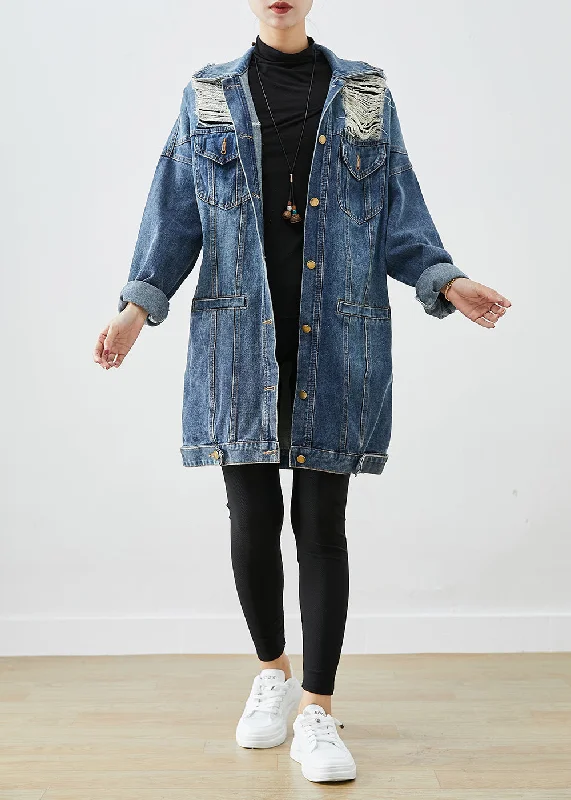 Modern Blue Oversized Denim Ripped Coat Outwear Fall