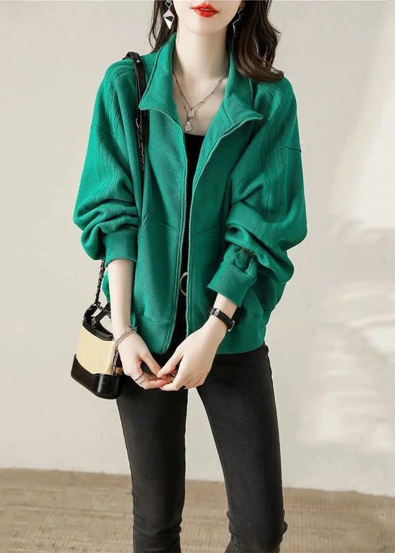 Modern Green Oversized Pockets Cotton Jacket Fall