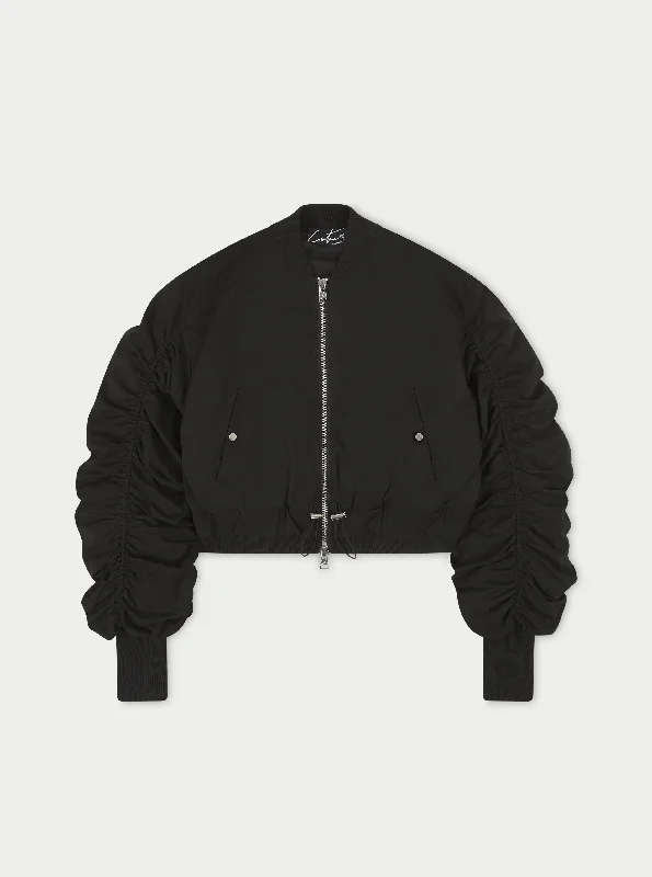 RUCHED DETAIL PEACHED BOMBER JACKET - BLACK