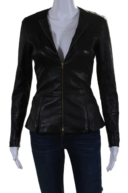 The Row Womens Long Sleeve Front Zip Crew Neck Leather Jacket Black