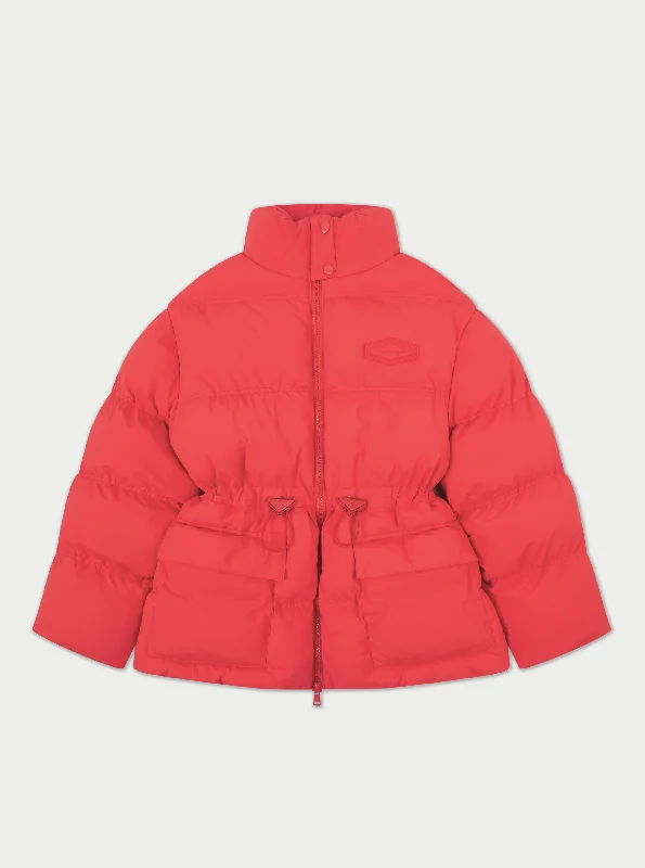 TIE WAIST PLEATED PUFFER COAT - RED