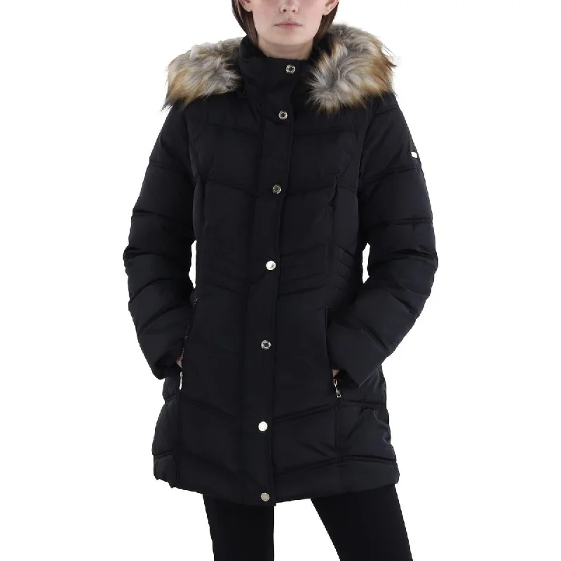 Womens Faux Fur Trim Hooded Puffer Jacket