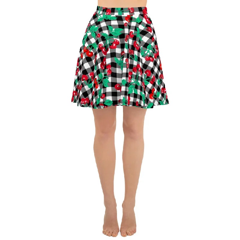 Frenchie Beach Coverup Swim Skater Skirt in Black Gingham Cherry Girl | Pinup Couture Swim