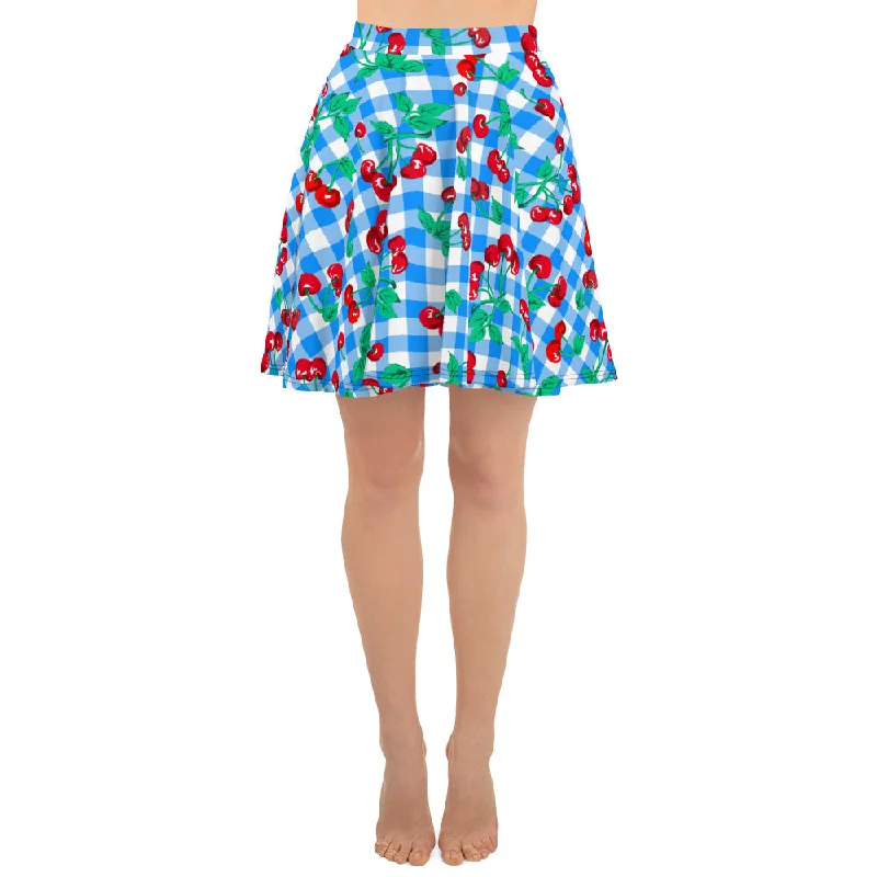 Frenchie Beach Coverup Swim Skater Skirt in Blue Gingham Cherry Girl | Pinup Couture Swim