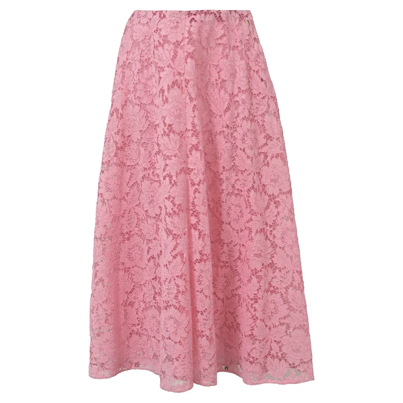 Valentino Corded Lace Midi Skirt in Pink Cotton