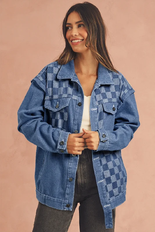 Ashleigh Blue Checkered Patchwork Button Up Denim Jacket