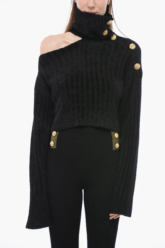 Balmain Cold Shoulder Sweater with Jewel Buttons