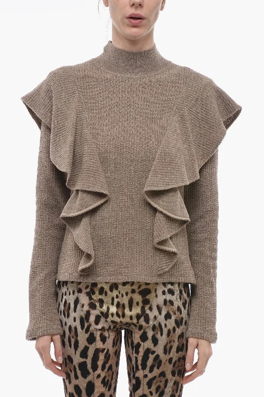 Chloe Turtleneck Wool Sweater with Ruffled Sleeves