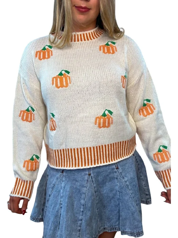 Embroidered Pumpkin Sweater In White