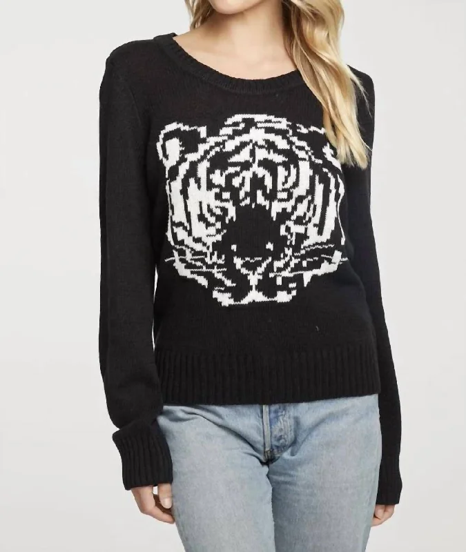 Long Sleeve Crew Neck Sweater Tiger In Black