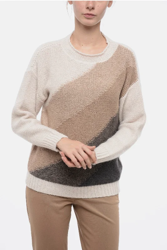 Peserico Crew Neck Wool Blend Sweater with Oblique Striped Motif