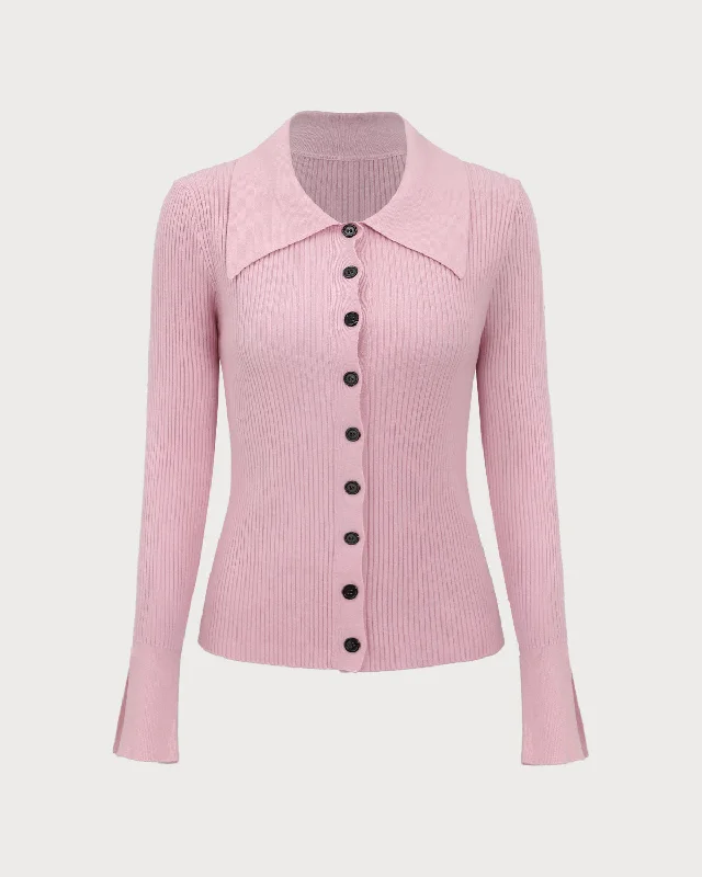 Pink Ribbed Button Slim Cardigan