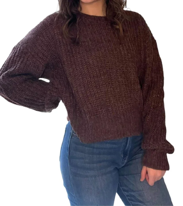 Solid Ribbed Knit Drop Shoulder Sweater In Chocolate Brown