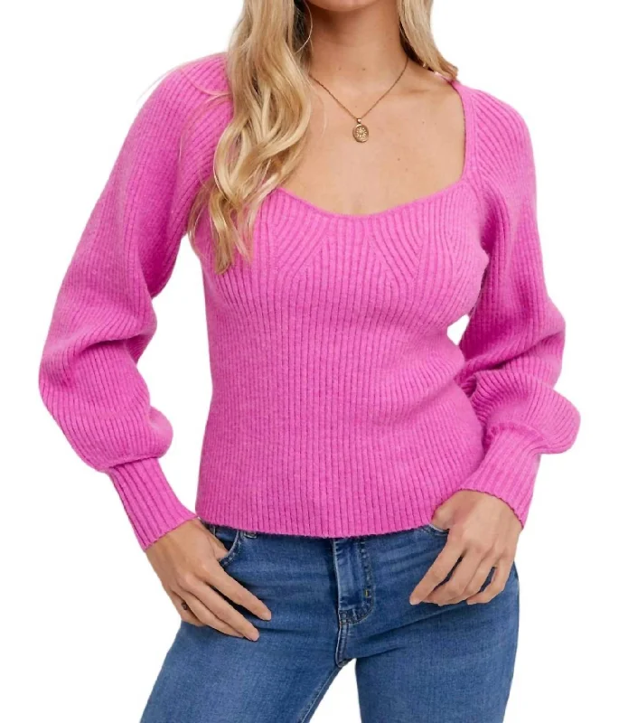 Sweetheart Neck Sweater In Hot Pink