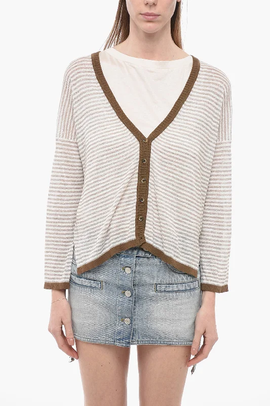 Whyci V-Neck Striped Linen Blend Cardigan