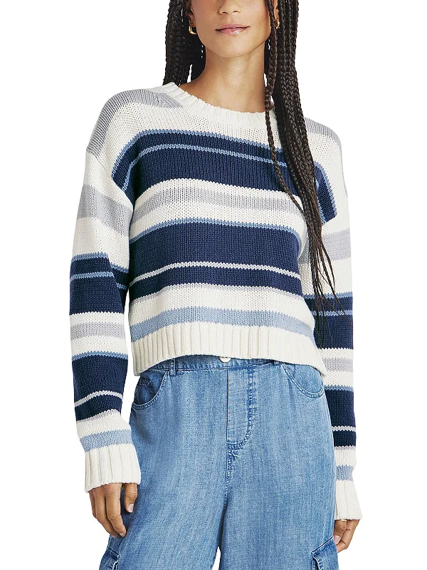 Womens Ribbed Trim Striped Crewneck Sweater